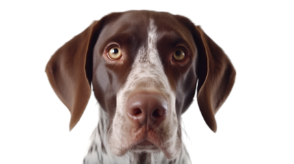 close up of a lovely brown German short haired pointer dog isolated on transparent background, looking at camera. 