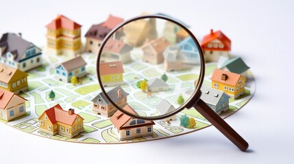 Magnifying Glass On The Search For Housing On Game Board.  Generated with AI. - obrazy, fototapety, plakaty