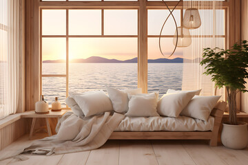 Stylish interior with brown wooden living room and windows seaside, in the style of cute and dreamy