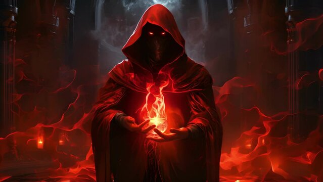 A bright red gemstone glows on the forehead of a hooded figure as a powerful spell of magic is activated. Dark mist swirls around them and tiny streams of bright red liquid trickle