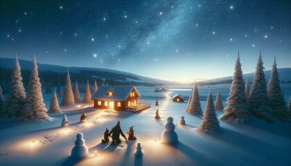  winter night scene with a clear starry sky above a snow-covered landscape. In the center, there is a family engaging in the winter tradition of building snowmen, illuminated by surrounding soft light