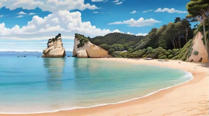 Tuinposter Summer Serenity: Discover the Beauty of Cathedral Cove Beach on New Zealand's Coromandel Peninsula © Khetha