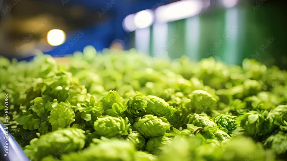 Poster an upclose shot of a row of vibrant and aromatic hops neatly displayed in containers, showcasing the