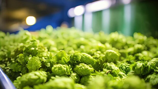 An upclose shot of a row of vibrant and aromatic hops neatly displayed in containers, showcasing the brewerys commitment to using only the freshest and highest quality ingredients in their