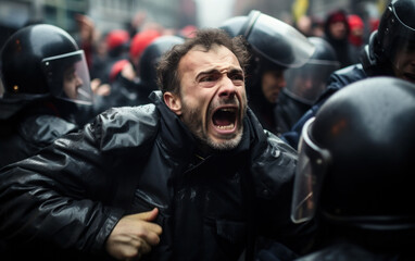 Agitated protester in a heated confrontation with riot police during a demonstration.