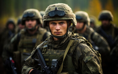 Determined soldier in combat uniform leading a platoon in a military exercise.