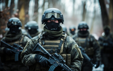 Armed combat unit in woodland attire prepared for a strategic military mission.
