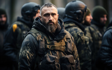 Bearded soldier with a stern look leading a unit in tactical military apparel.