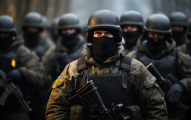 Security force in full riot gear amidst a tense urban environment operation.