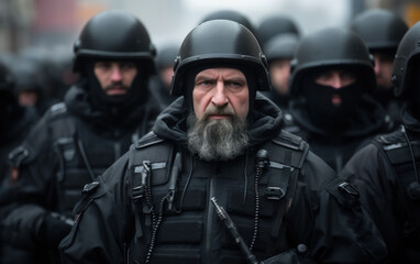 Fototapeta premium Determined police unit in full riot gear stands ready for operation in urban setting.