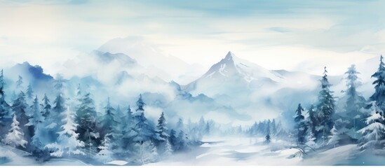 Fototapeta na wymiar The stunning watercolor background depicts a snowy winter landscape with a majestic mountain surrounded by a tranquil forest of white trees as a road meanders through the icy terrain creati