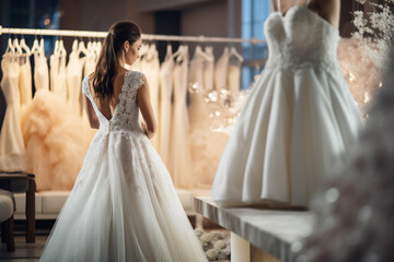 Naklejka premium The back view portrait of an attractive woman choosing and trying on a new exquisite wedding bridal dress at a wedding clothing studio and store. Generative AI.