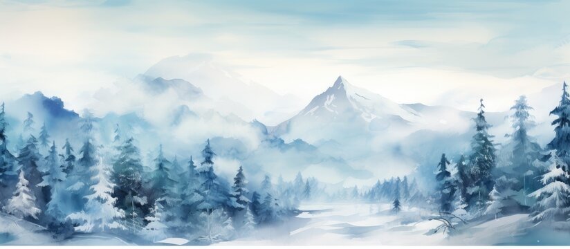 The stunning watercolor background depicts a snowy winter landscape with a majestic mountain surrounded by a tranquil forest of white trees as a road meanders through the icy terrain creati