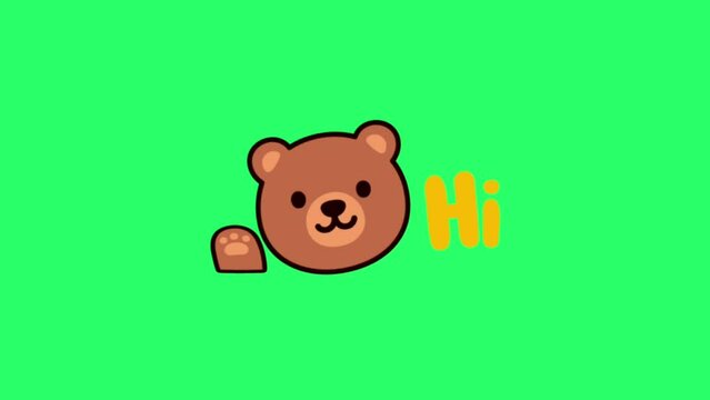 Animation brown bear face with text Hi on green background.
