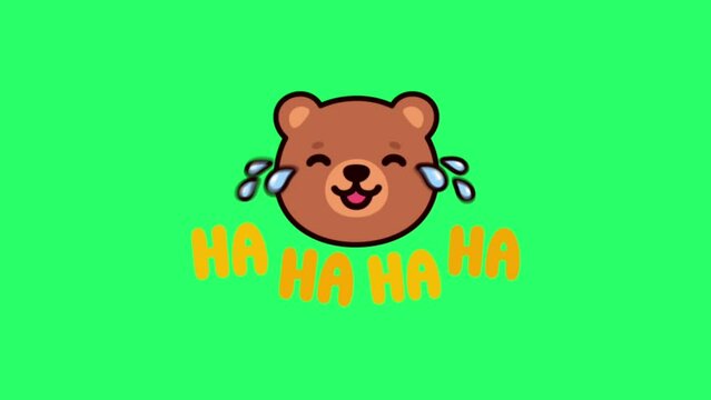 Animation brown bear face with text HA HA HA HA on green background.
