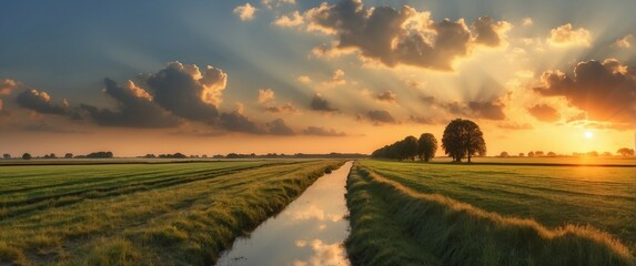 Sunset over a tranquil farm field, with cereal plants and trees
