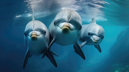 Close-up of dolphins in their natural habitat, clear blue waters reflecting sunlight.