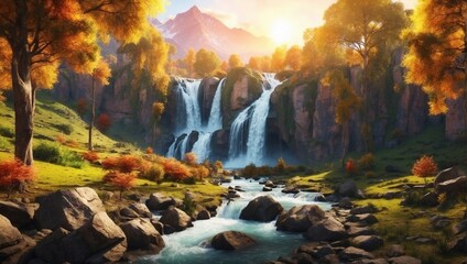 Fall foliage surrounds cascading waterfall & rocky river
