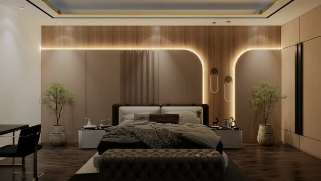 interior design animation presents the process of arranging and lighting bedroom