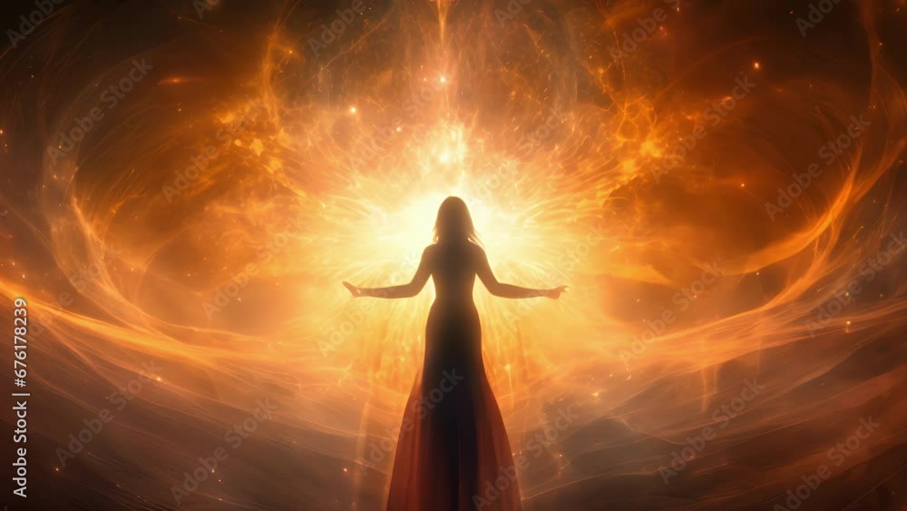 Poster standing in a swirling chaotic vortex a powerful witch is surrounded by a sea of flowing energy. in 