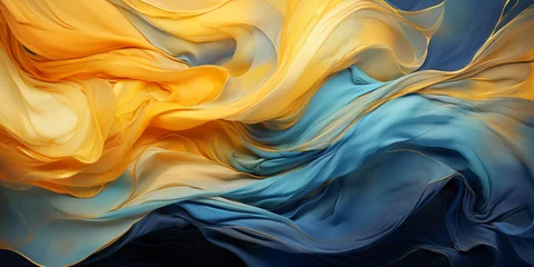 Keuken foto achterwand Waves in abstract blue, yellow, gold flowing silk waves. Abstract bright yellow soft fabric wavy folds. Modern luxury satin wave drapes background. Opaque see-though texture waves material backdrop © Vita