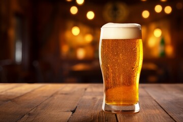 Enjoying a well-poured pint of lager with a creamy head in the warm ambiance of a traditional tavern