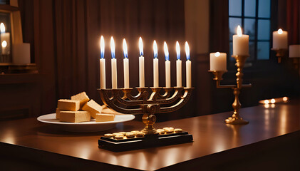 golden menorah with candles/ Hanukkah menorah with candles/Hanukkah celebration