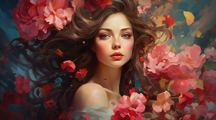 generative AI 3d portrait of beautiful woman on blooming flower