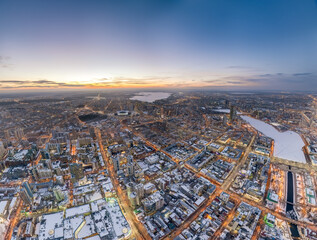 Fototapeta na wymiar Yekaterinburg aerial panoramic view in Winter at sunset. Ekaterinburg is the fourth largest city in Russia located in the Eurasian continent on the border of Europe and Asia.