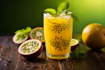 Fototapeta premium Enjoying a cold passionfruit mocktail on a rustic table amidst lush foliage