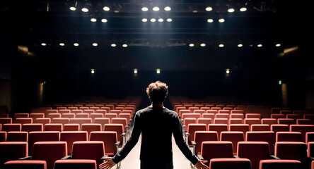Actor on the theater stage. Male actor in the spotlight, rear view. The actor actively stands on stage with his arms spread out to the sides, in front of an empty concert hall with red chairs. - obrazy, fototapety, plakaty
