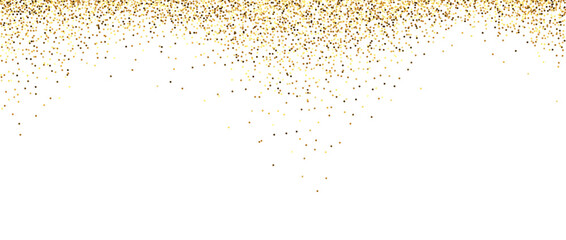 Golden glitter background. Falling small confetti texture. Sparkling gold dots wallpaper. Border frame design element for posters, flyer, invitation. Christmas, New year, birthday decor. Vector 