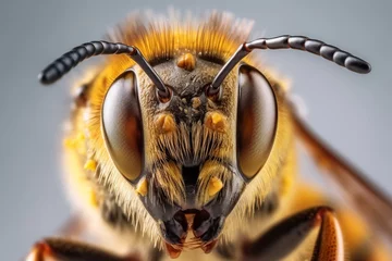 Photo sur Aluminium Photographie macro bee close up macro shot on a white surface  insect of honey closeup, bee with pollen super close-up