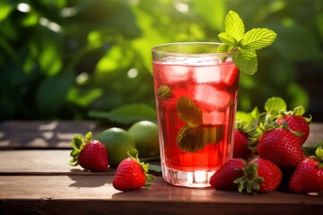 Enjoying a Sweet and Refreshing Strawberry Iced Tea in the Garden on a Warm Summer Afternoon