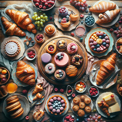 An overhead shot of a rustic wooden table filled with a colorful assortment of French pastries. The table is artfully arranged with croissants