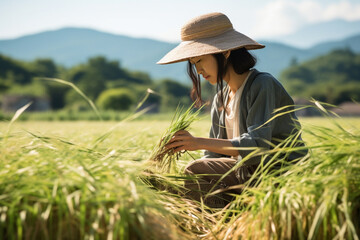 Naklejka na ściany i meble The photoshoot of a young adult female farmer with a straw hat cultivating and picking rice plants in a muddy field. Generative AI.