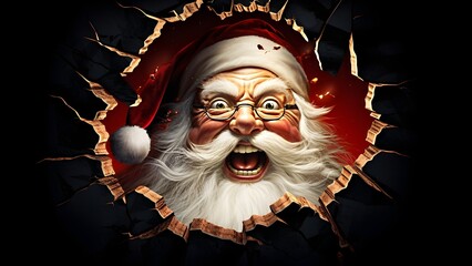 Der Weihnachtsmann schaut durch ein Loch in der Wand / Psycho Santa / Weihnachts Poster / 16:9 Breitbild Format / Frame TV Art / Ai-Ki generiert - obrazy, fototapety, plakaty
