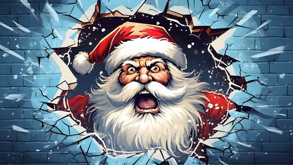 Ein verrückter Weihnachtsmann schaut durch ein Loch in der Wand / Santa Claus bricht duch die Wand / Weihnachts Poster / Christmas Wallpaper / 16:9 Frame TV Wallpaper / Ai-Ki generiert - obrazy, fototapety, plakaty
