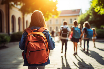 The back view of a little kid wearing bright and colorful backpacks while walking into the primary or elementary school with other stridents. Generative AI.