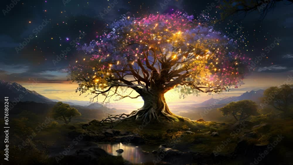 Poster an ancient tree in the middle of a wild meadow filled with with colorful wildflowers spreads its man