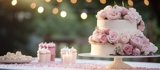 The summer wedding had a luxurious background design with a table adorned with beautiful roses a white chocolate cake and delicious food served at a fancy restaurant creating an atmosphere o