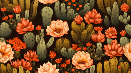 Seamless pattern Cactus Blooms on a Hot Desert Background - obrazy, fototapety, plakaty