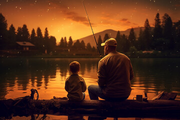 The back view portrait of a father and son sitting on the rocks near the natural lake and spending time together by fishing fishes. Generative AI. - obrazy, fototapety, plakaty