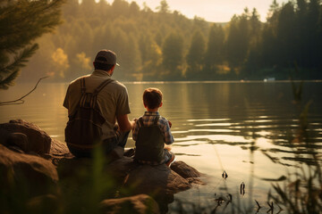 The back view portrait of a father and son sitting on the rocks near the natural lake and spending time together by fishing fishes. Generative AI. - obrazy, fototapety, plakaty