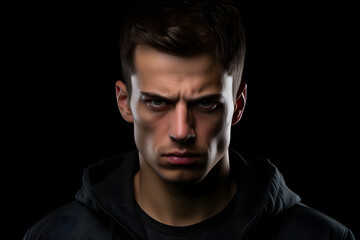 Obraz premium Sulking young adult Caucasian man, head and shoulders portrait on black background. Neural network generated image. Not based on any actual person or scene.