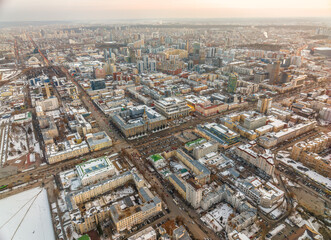 Fototapeta premium Yekaterinburg aerial panoramic view in Winter at sunset. Ekaterinburg is the fourth largest city in Russia located in the Eurasian continent on the border of Europe and Asia.