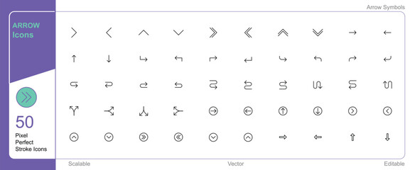 Arrow and arrows differential signs and symbols icon 50 set single stroke vector collection expandable and color changeable pixel perfect arrow sets