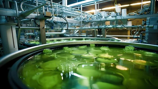 In the heart of the plant, a closeup shot captures the controlled environment of an anaerobic digester. Bacteria break down organic waste materials, producing biogas, which is collected