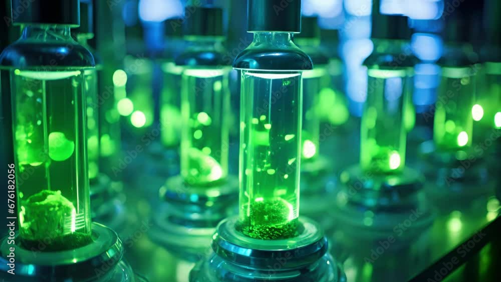 Poster this image showcases an array of bioreactors, each filled with a thick, greenish liquid. the bioreac