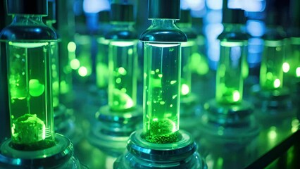 This image showcases an array of bioreactors, each filled with a thick, greenish liquid. The bioreactors are illuminated by ultraviolet lights, creating a visually captivating sight of the